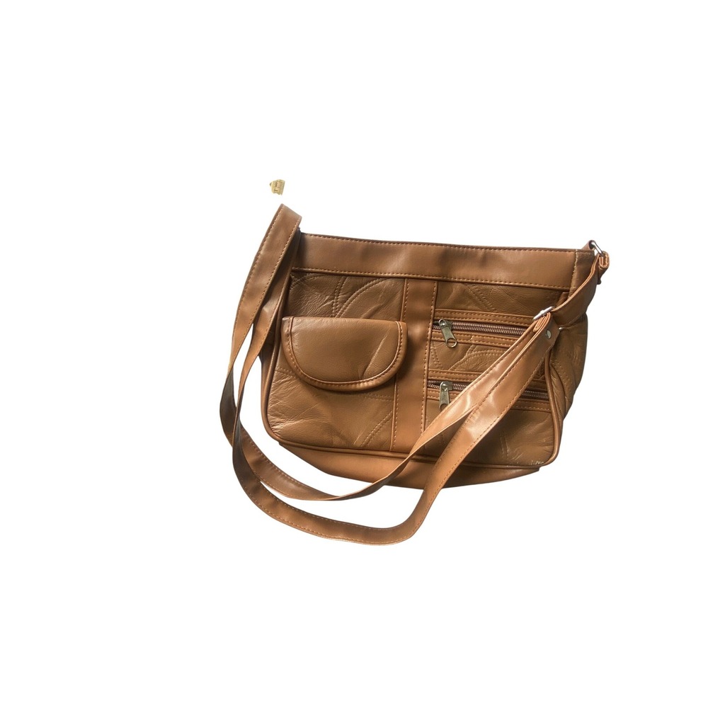 Brown Leather Patchwork Crossbody Bag Adjustable Strap Zip Pockets
